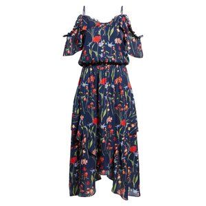 Parker Kam Cold Shoulder Floral Print Silk Midi Dress | Gardenia Night | Size XS